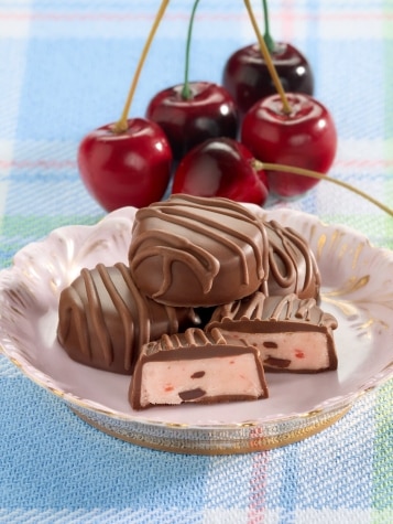 Milk Chocolates filled with cherry cordial cream.
