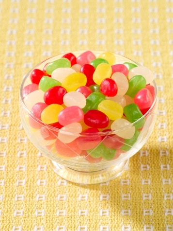 Candy dish with assorted spiced jelly beans.