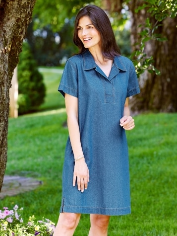 Casual Denim Short-Sleeve Popover Dress