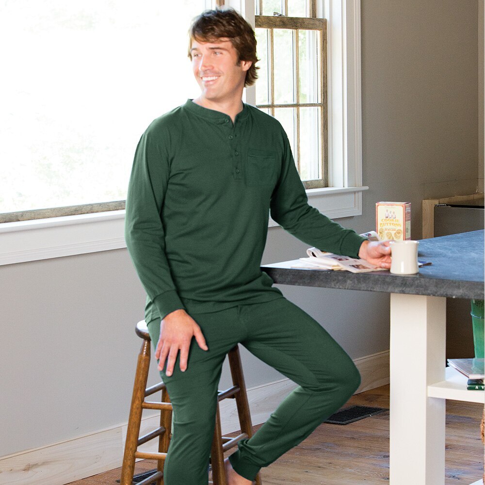 Dark Green Mens Cotton Knit Ski Pajamas