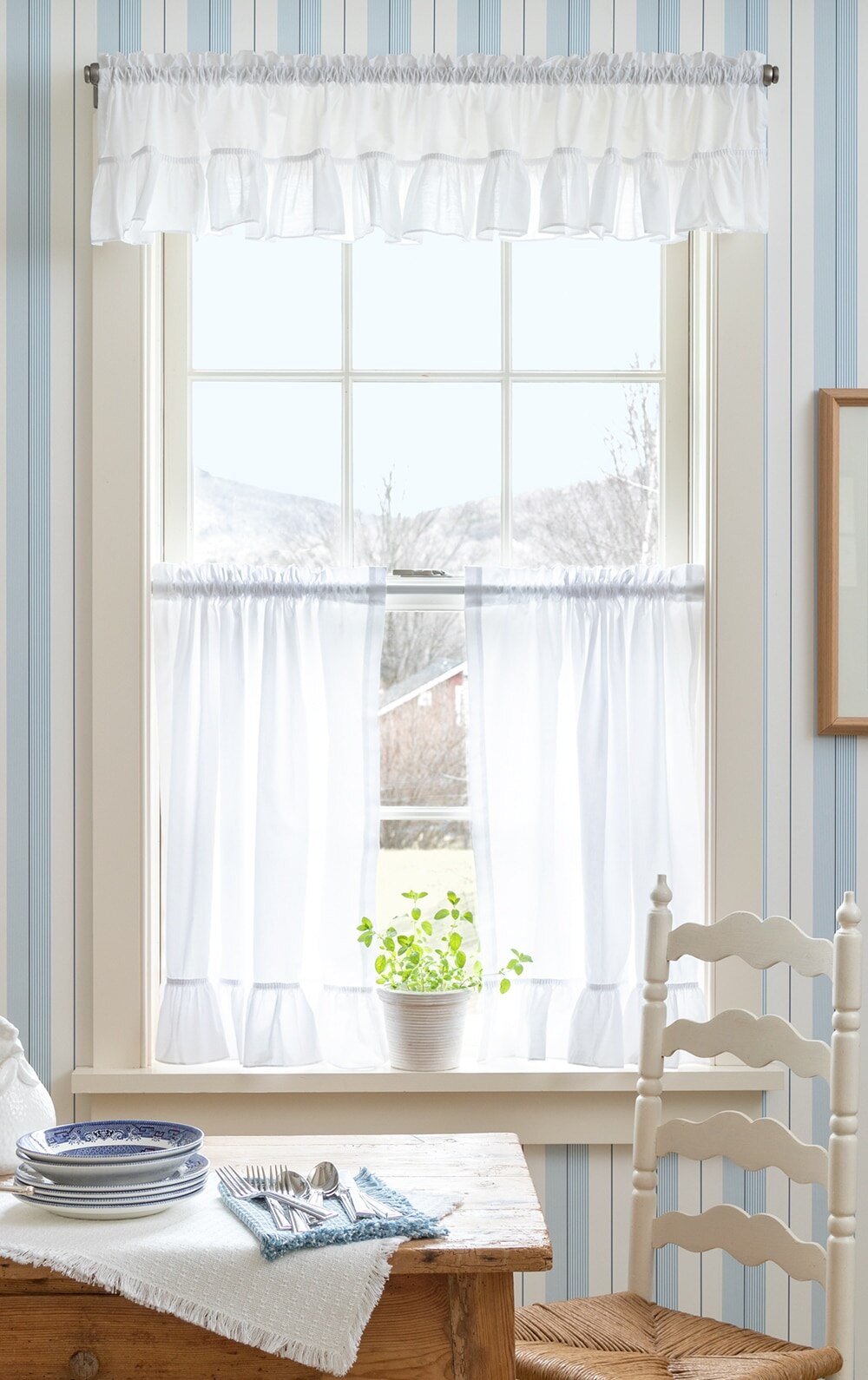 White Wide Ruffle Tier Curtain with coordinating valance
