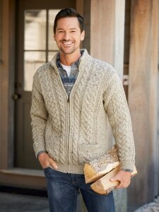 Mens Full Zip Irish Wool Cable Knit Cardigan