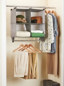 Hanging Closet Organizer with Garment Rod Four Shelf