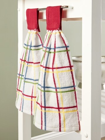 Kovot Set of 2 Cotton Hanging Tie Towels Include (2) Hanging Towels That Latch with Hook Loop (Red)