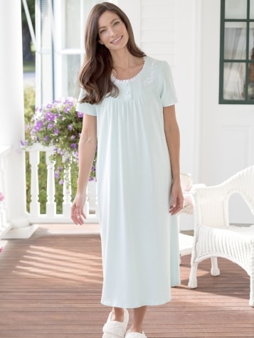 Cotton Knit Nightgown with Lace and Satin Trim