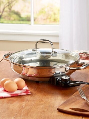 Electric Skillet By Cucina Pro - 18/10 Stainless Steel with Tempered Glass  Lid, 12 Round