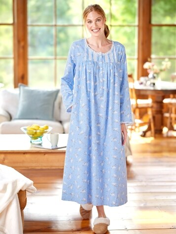 Lanz White Doves Cotton Flannel Nightgown