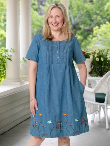 Embroidered Denim Pintuck Dress