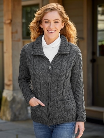 Womens Merino Wool Full Zip Irish Sweater