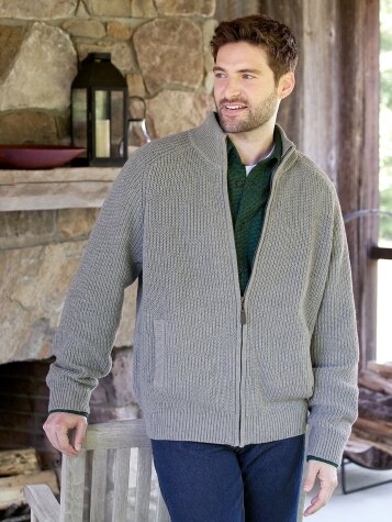 Mens Cotton Knit Zip-Up Sweater | Full-Zip Shaker Stitch Sweater