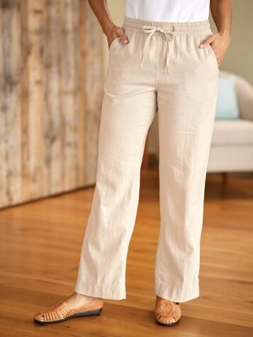 Plus Size - Women's Washable Linen Pull-On Drawstring Pants - Natural Oatmeal - 1XL - The Vermont Country Store