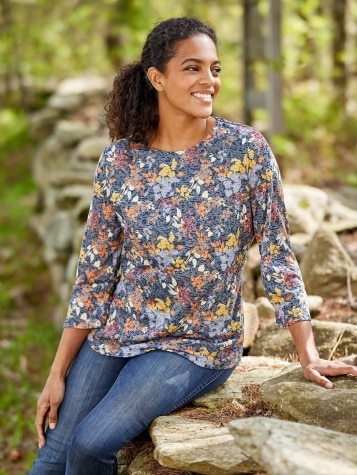 Soft Knit Printed Tunic Top With 3/4 Sleeves