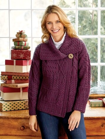 Shannon Woolen Mills Women s Irish Wool Asymmetrical Cardigan Purple Plum XL The Vermont Country Store