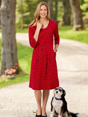 Floral Blossoms Print Pleated Knit Dress in Red
