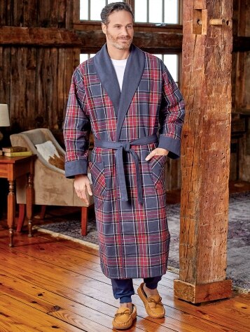 Plaid Flannel Robe  Mens Shawl Collar Bathrobe