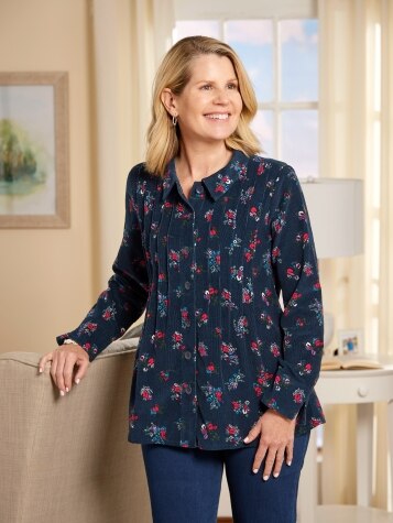Women's Pintucked Floral Corduroy Tunic Top