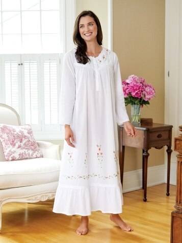 Embroidered White Nightgown  Womens Woven-Cotton Nightdress