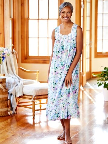 Eileen West Womens Floral Cotton Lawn Sleeveless Nightgown