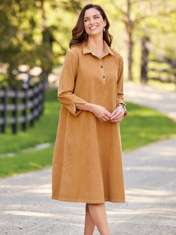 Wide-Wale Corduroy A-Line Dress With 3/4 Sleeves