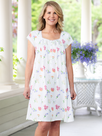 Lanz Tossed Floral Cotton Knit Short Nightgown