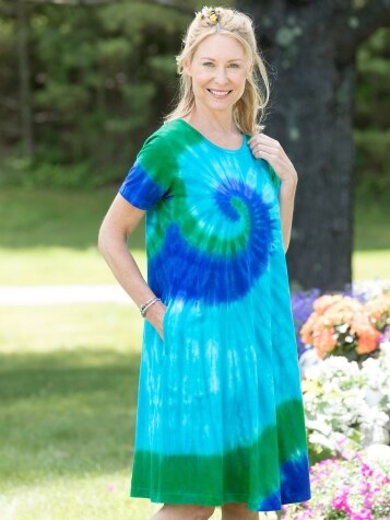 Women's All-Cotton Tie-Dye T-Shirt Dress in Blue 