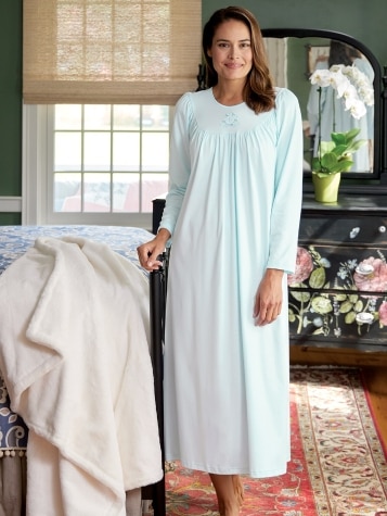 Calida Cotton Knit Nightgown - Womens Long Sleeve Sleep Gown