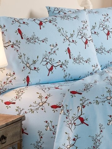 Cardinal and Chickadee Portuguese Cotton Flannel Sheet Set