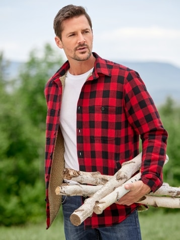 Mens Fleece-Lined Plaid Flannel Button-Up Shirt