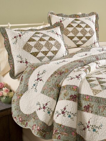 Flower Patch Embroidered Patchwork Quilt or Pillow Sham Pair