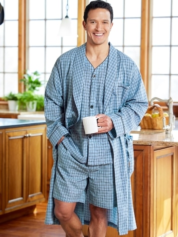 Men's Blue Plaid Madras Cotton Wrap Robe