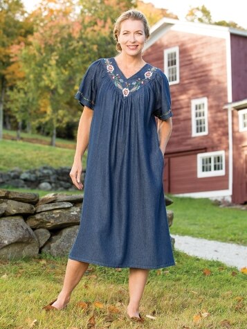 Embroidered Cotton Denim Muumuu With Flutter Sleeves