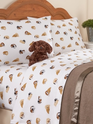 Snuggling Puppies Portuguese Cotton Flannel Sheet Set