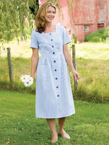 Stripe Button-Front Summer Dress | Lightweight Cotton Seersucker Dress