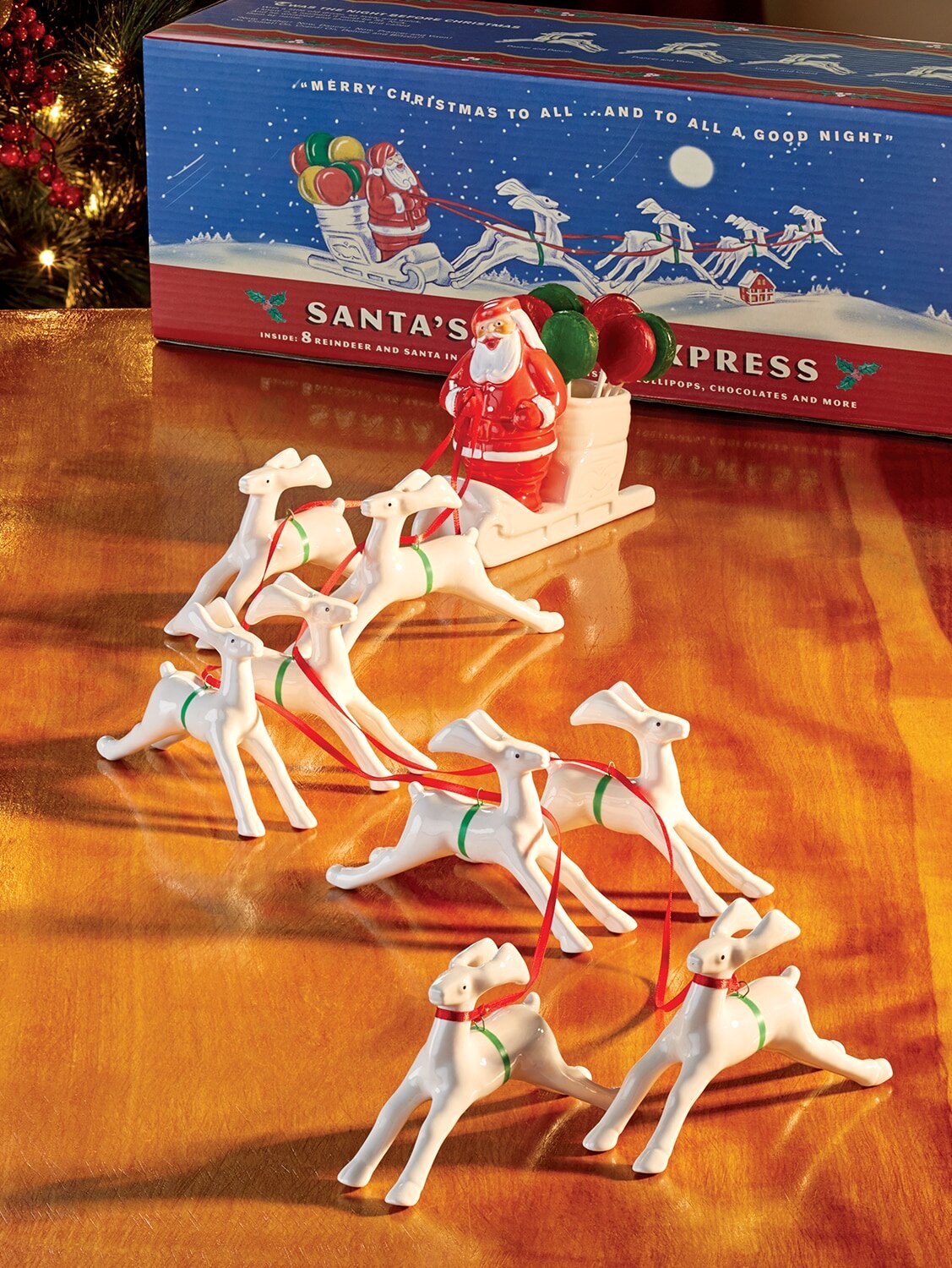 Santa Reindeer Sleigh Collectible In Vintage Style Box