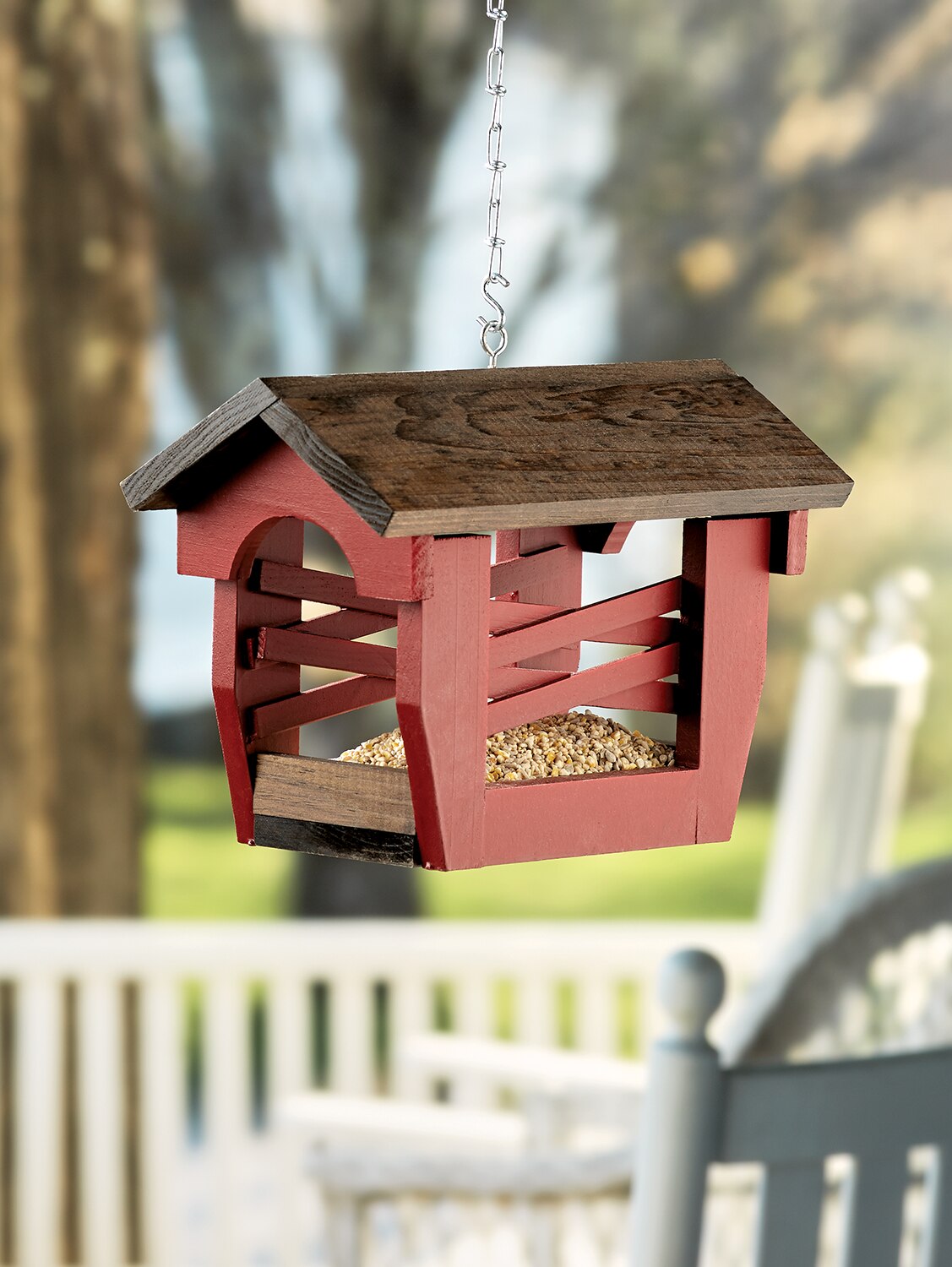 Covered Bridge Bird Feeder Handcrafted Red Bird Feeder