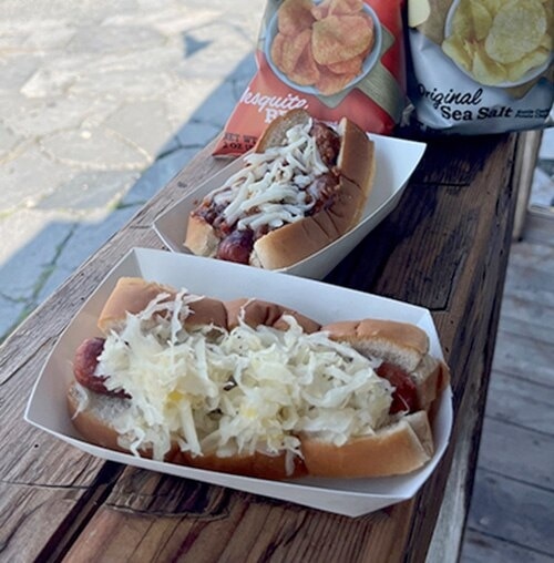 Two hot dogs; one with sauerkraut and the other with chili and cheese. Behind them are two bags of chips.