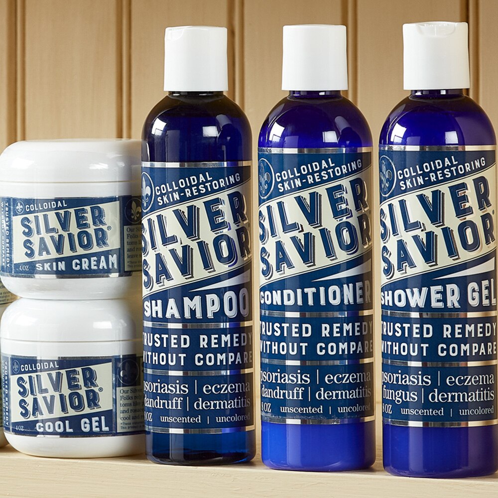 Silver Savior product line including: shampoo, conditioner, shower gel, skin cream, and cool gel