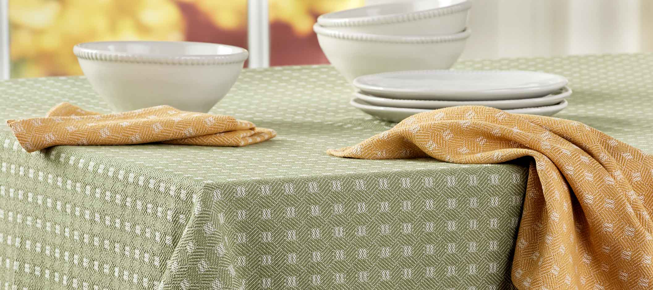 Sage Mountain Weave table setting with butternut napkins