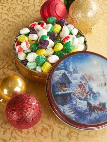 Snowy Christmas Village Filled Hard Candy Tin