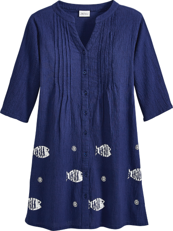 M.MAC Rock Fish Cotton Gauze Cover-Up in Navy and White