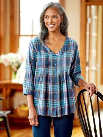 Pintuck Plaid Brushed-Cotton Tunic Top