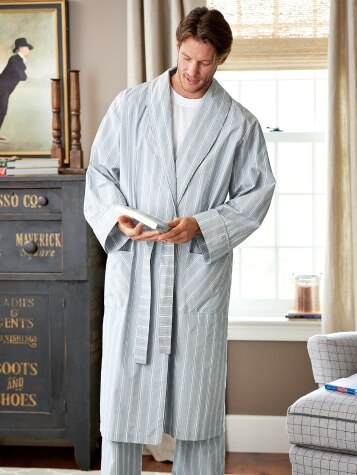 Men's Chambray Stripe Cotton Wrap Robe
