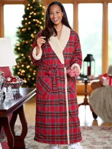 Women's Sherpa-Lined Portuguese Cotton Flannel Wrap Robe