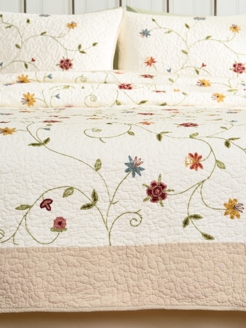 Blooming Vines Embroidered Cotton Quilt or Pillow Sham Pair