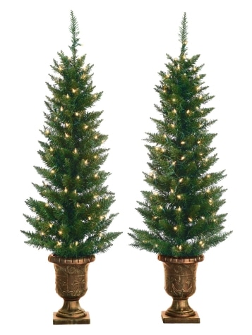Pre-Lit Artificial Potted Cedar Christmas Tree, Set of 2
