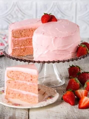 3 Layers of Fluffy Cake with Strawberry Frosting