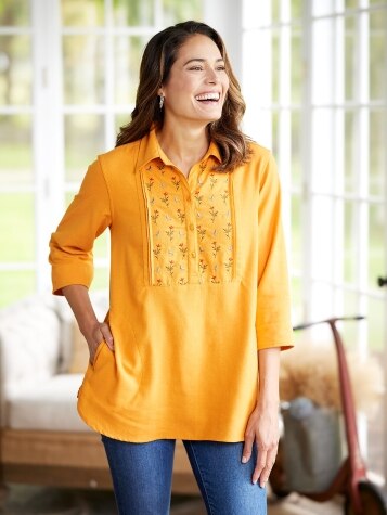 Brushed Cotton Twill Embroidered Tunic Top