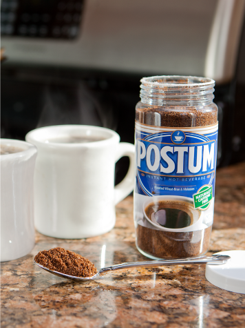Postum Instant Beverage on Table with Mugs
