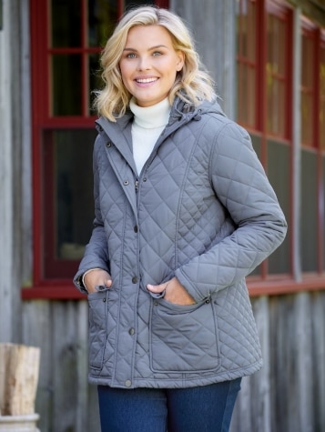 Women's Gray/Blue Quilted Coat With Removable Hood