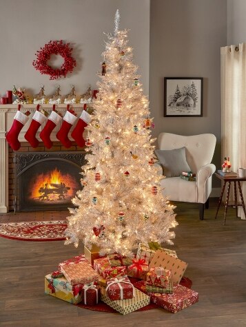 Pre-Lit Silver Shimmer Tinsel Christmas Tree, In 2 Sizes